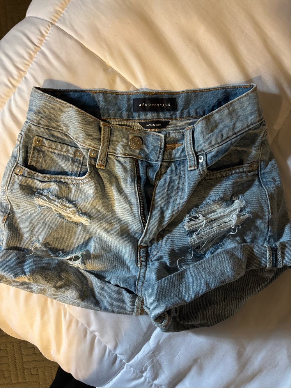 Aeropostale Women's Light Blue Distressed Rolled-Hem Denim Shorts